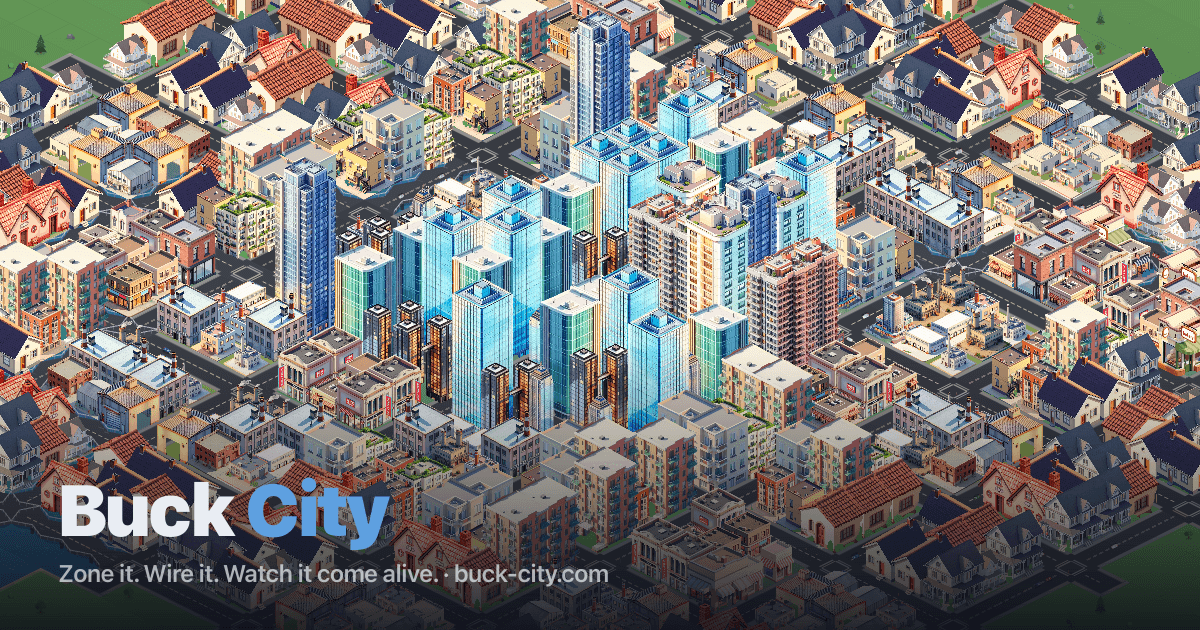 An isometric Buck City skyline at golden hour