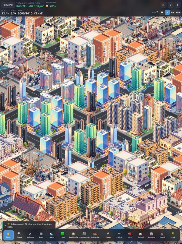 An isometric Buck City downtown with towers, shops and homes