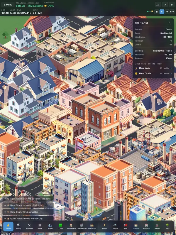A tile inspector showing land value, pollution, crime and the people who live there